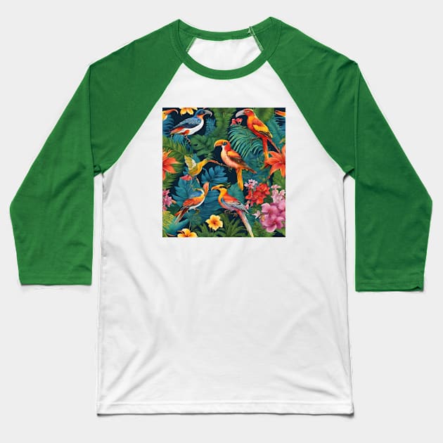 AI Tropical Birds and Flowers Baseball T-Shirt by nancy.hajjar@yahoo.com